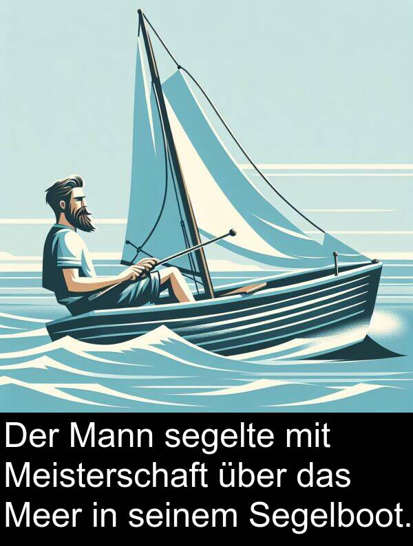 Mann: Der Mann segelte mit Meisterschaft über das Meer in seinem Segelboot.