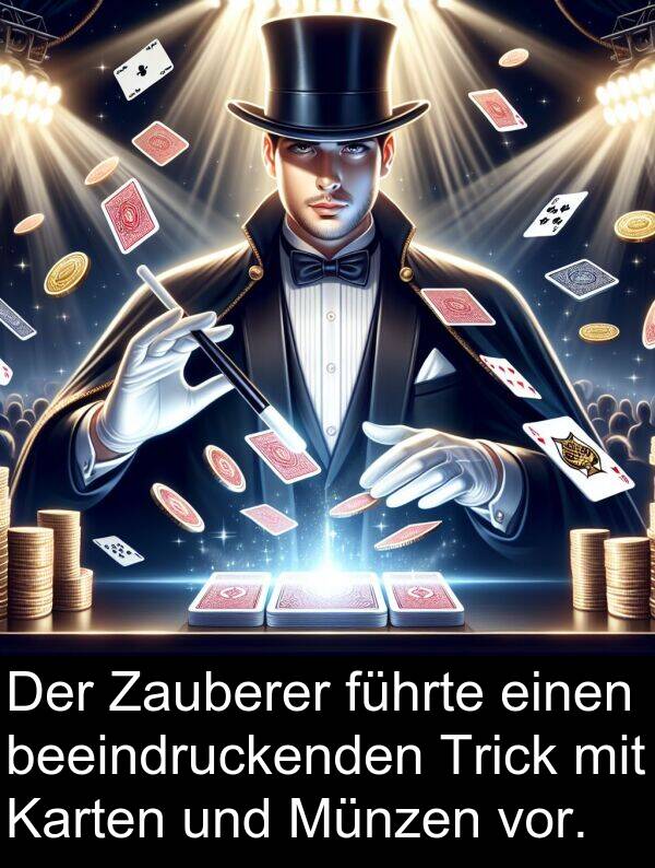 führte: Der Zauberer führte einen beeindruckenden Trick mit Karten und Münzen vor.