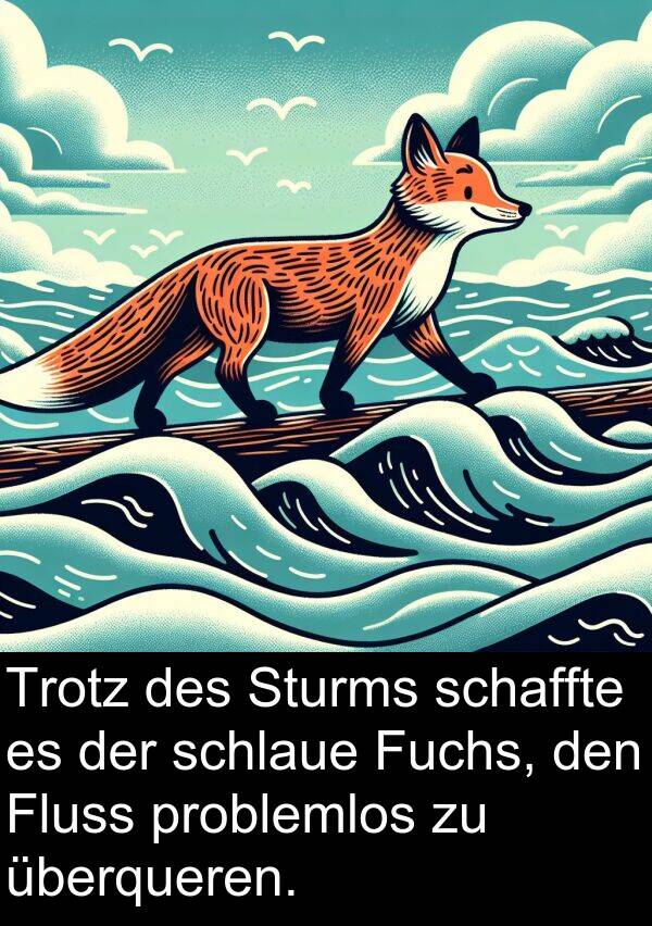 überqueren: Trotz des Sturms schaffte es der schlaue Fuchs, den Fluss problemlos zu überqueren.