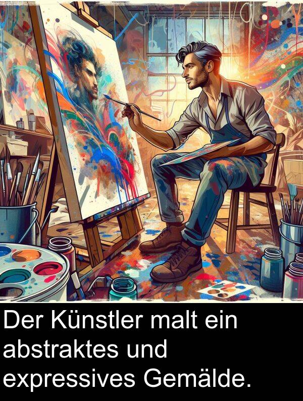 malt: Der Künstler malt ein abstraktes und expressives Gemälde.
