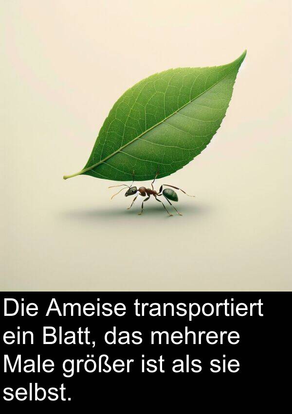 Male: Die Ameise transportiert ein Blatt, das mehrere Male größer ist als sie selbst.