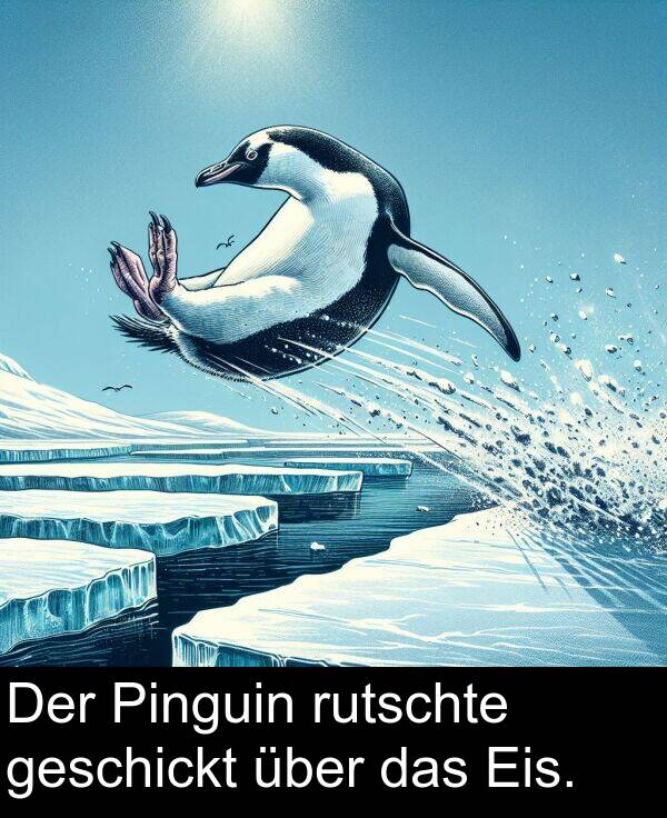das: Der Pinguin rutschte geschickt über das Eis.