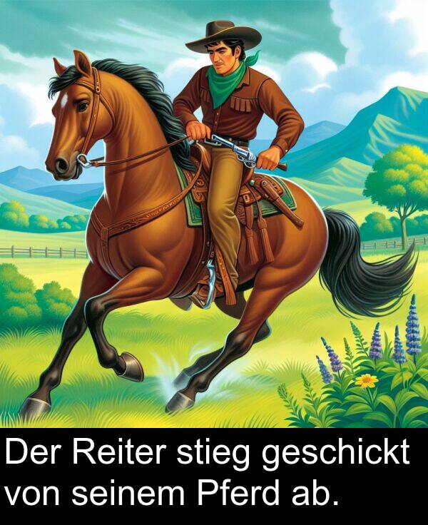 stieg: Der Reiter stieg geschickt von seinem Pferd ab.