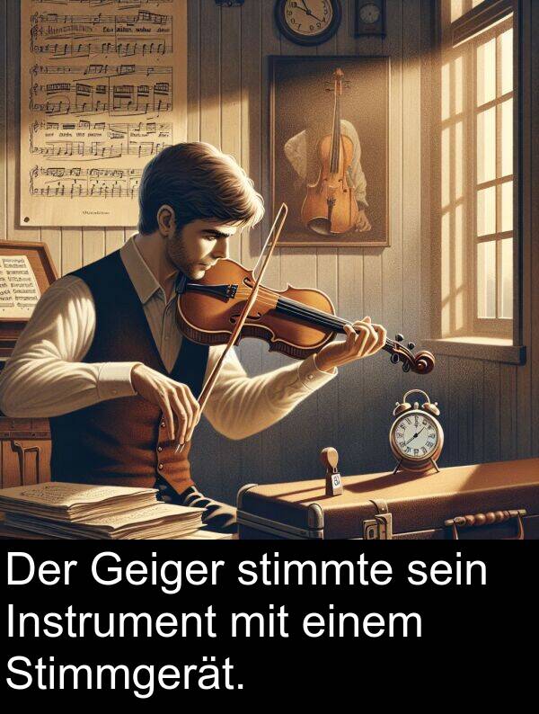 stimmte: Der Geiger stimmte sein Instrument mit einem Stimmgerät.