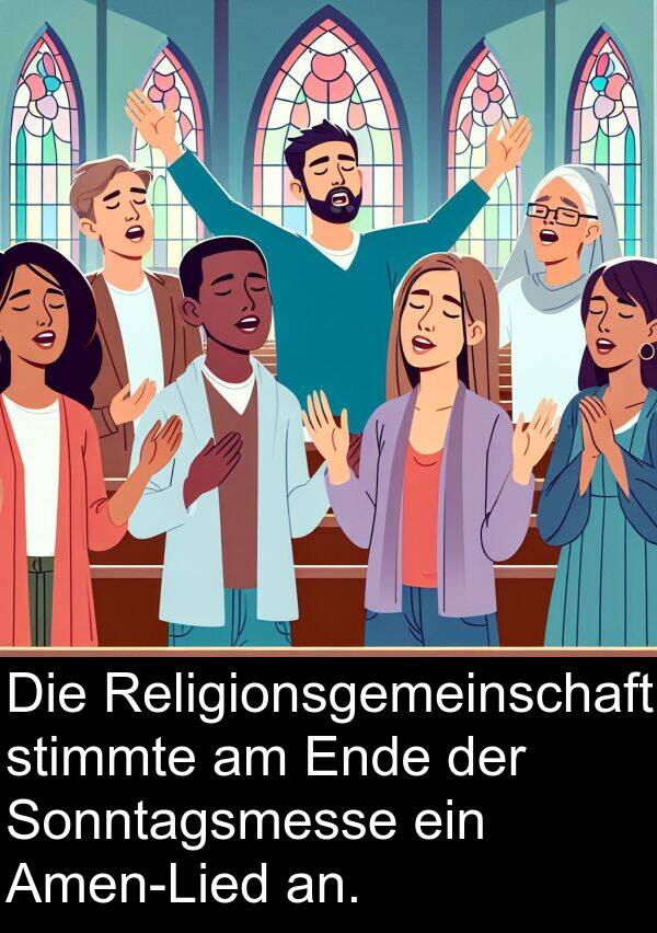 stimmte: Die Religionsgemeinschaft stimmte am Ende der Sonntagsmesse ein Amen-Lied an.