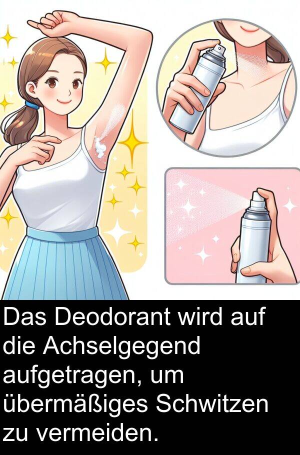 übermäßiges: Das Deodorant wird auf die Achselgegend aufgetragen, um übermäßiges Schwitzen zu vermeiden.