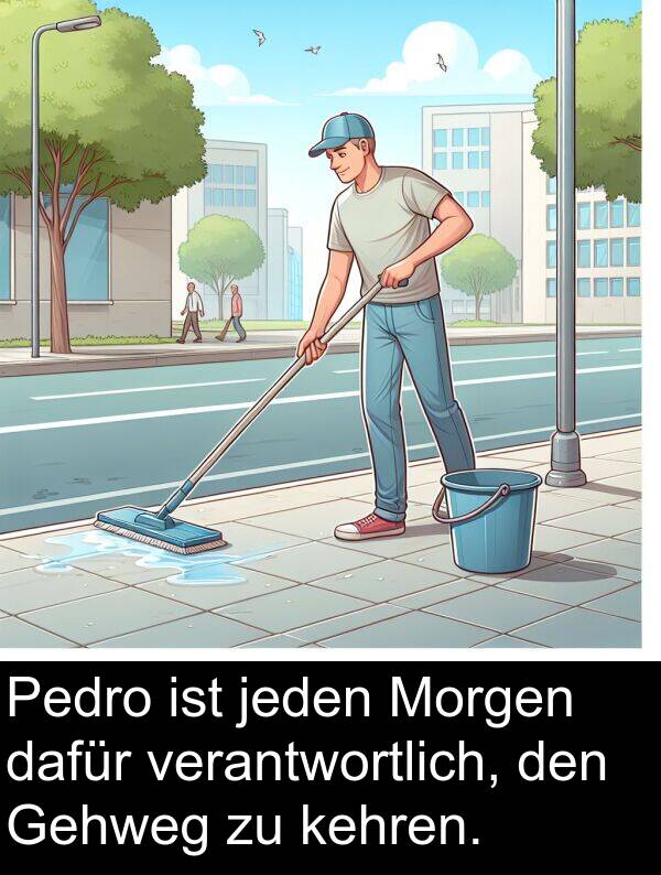 dafür: Pedro ist jeden Morgen dafür verantwortlich, den Gehweg zu kehren.