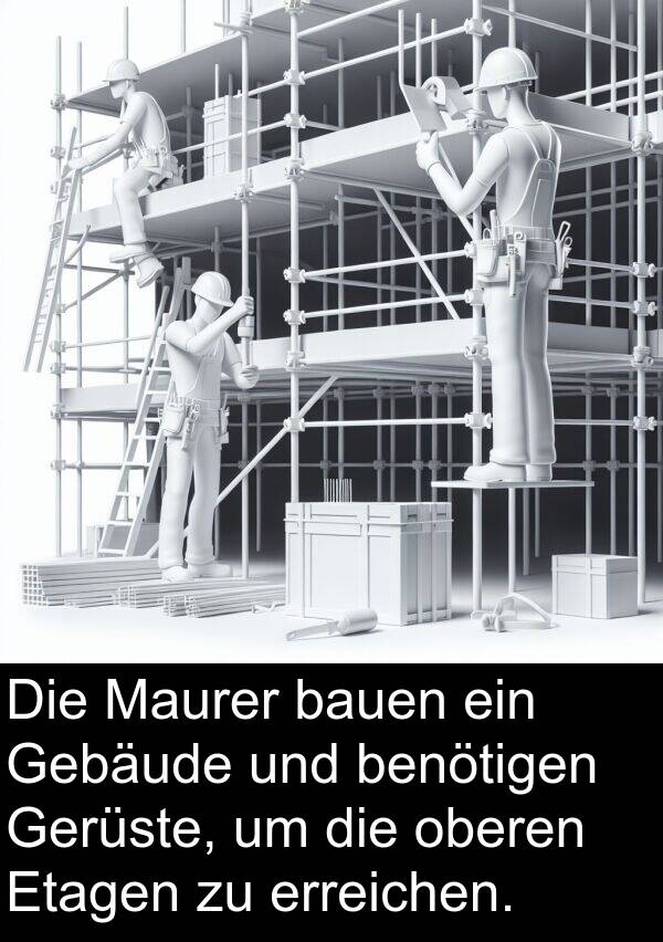 benötigen: Die Maurer bauen ein Gebäude und benötigen Gerüste, um die oberen Etagen zu erreichen.