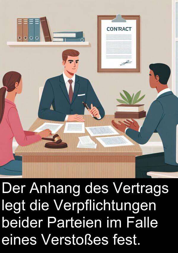 Falle: Der Anhang des Vertrags legt die Verpflichtungen beider Parteien im Falle eines Verstoßes fest.