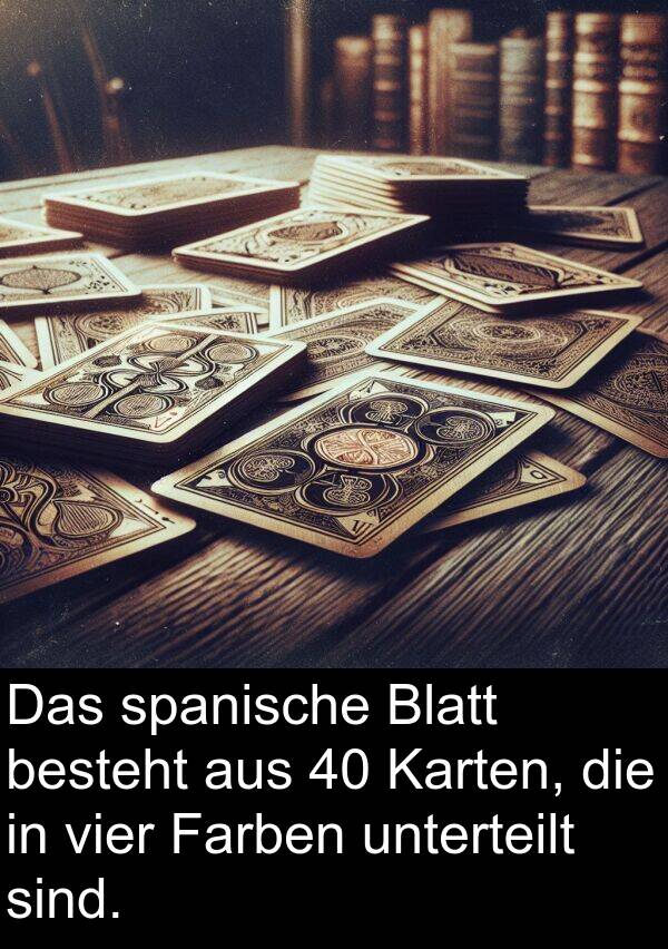 Farben: Das spanische Blatt besteht aus 40 Karten, die in vier Farben unterteilt sind.
