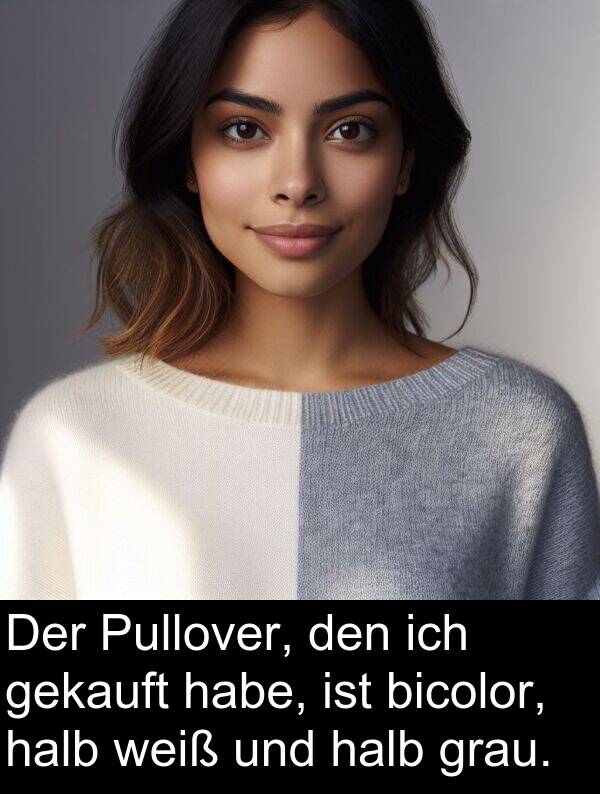 grau: Der Pullover, den ich gekauft habe, ist bicolor, halb weiß und halb grau.