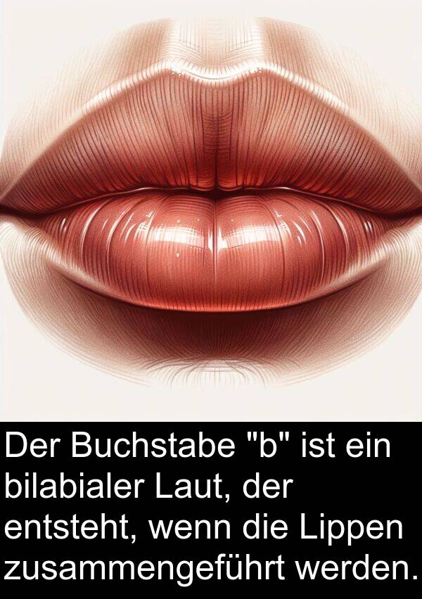 zusammengeführt: Der Buchstabe "b" ist ein bilabialer Laut, der entsteht, wenn die Lippen zusammengeführt werden.