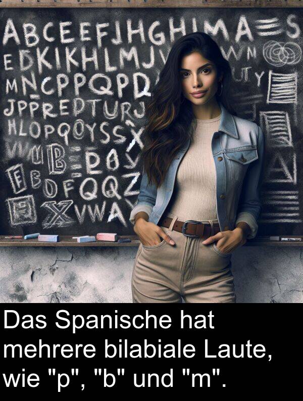 wie: Das Spanische hat mehrere bilabiale Laute, wie "p", "b" und "m".