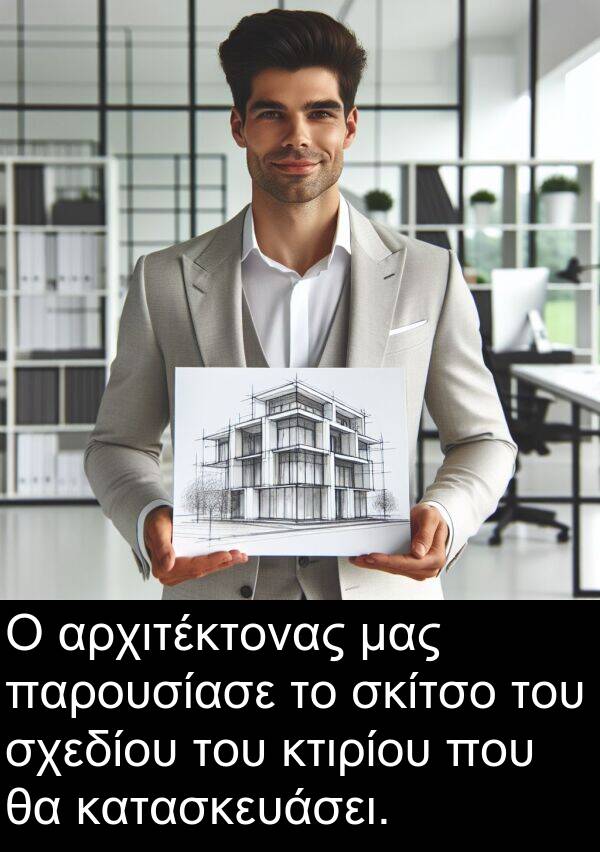 παρουσίασε: Ο αρχιτέκτονας μας παρουσίασε το σκίτσο του σχεδίου του κτιρίου που θα κατασκευάσει.