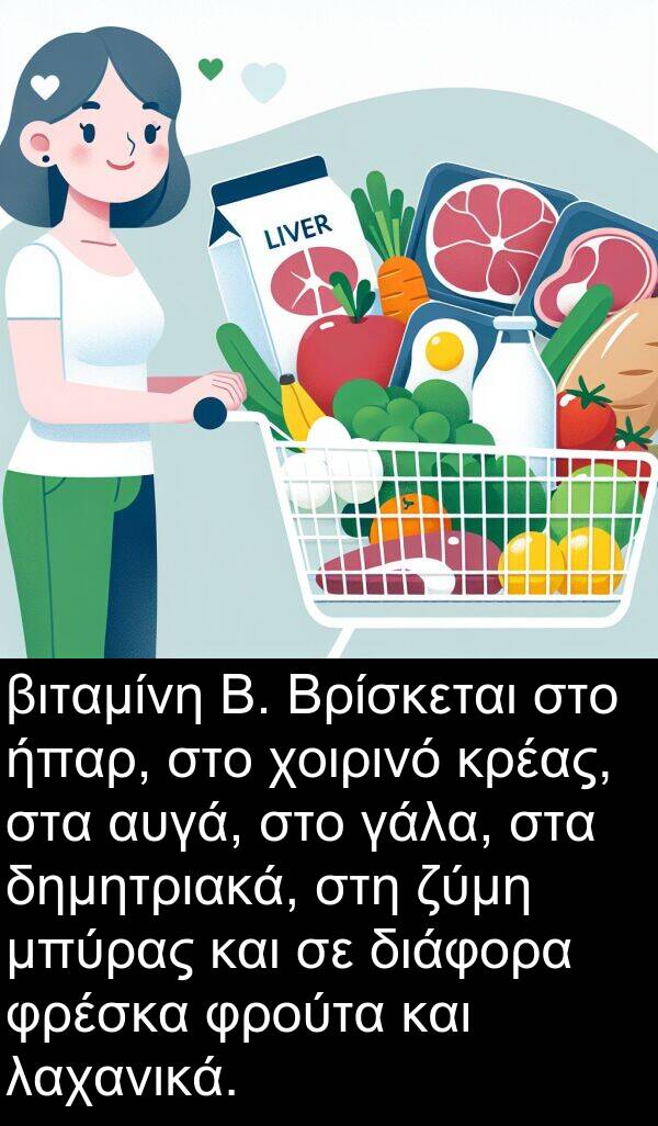 γάλα: βιταμίνη B. Βρίσκεται στο ήπαρ, στο χοιρινό κρέας, στα αυγά, στο γάλα, στα δημητριακά, στη ζύμη μπύρας και σε διάφορα φρέσκα φρούτα και λαχανικά.
