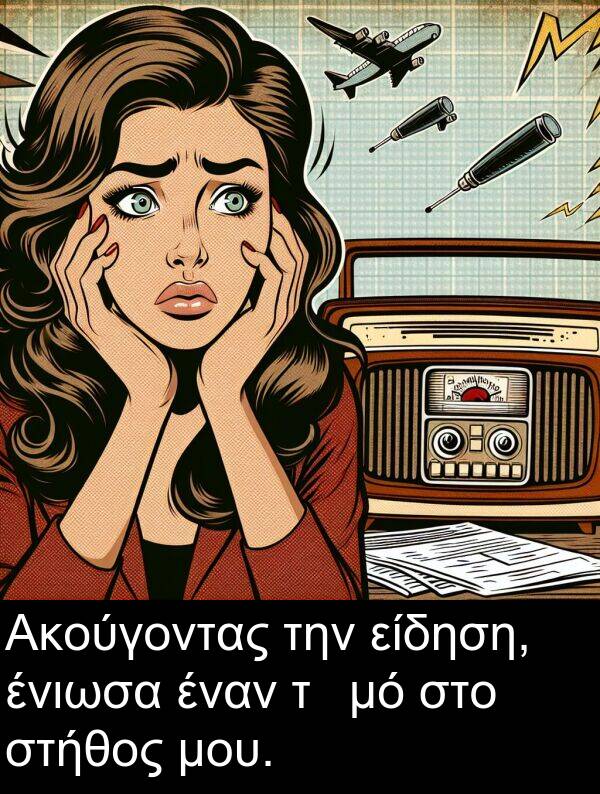 ένιωσα: Ακούγοντας την είδηση, ένιωσα έναν τ震μό στο στήθος μου.