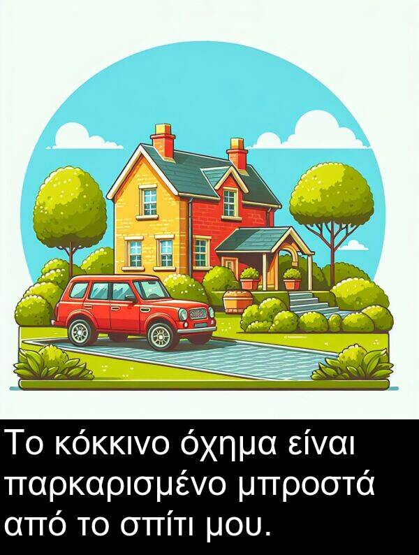 παρκαρισμένο: Το κόκκινο όχημα είναι παρκαρισμένο μπροστά από το σπίτι μου.