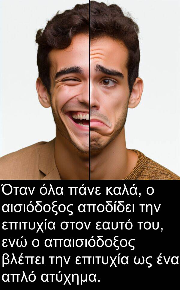 εαυτό: Όταν όλα πάνε καλά, ο αισιόδοξος αποδίδει την επιτυχία στον εαυτό του, ενώ ο απαισιόδοξος βλέπει την επιτυχία ως ένα απλό ατύχημα.