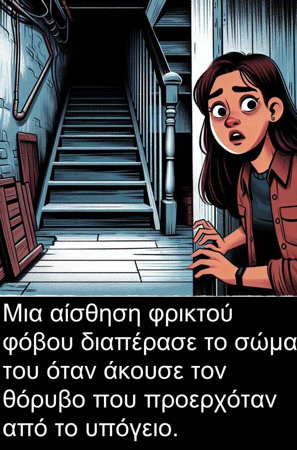 φόβου: Μια αίσθηση φρικτού φόβου διαπέρασε το σώμα του όταν άκουσε τον θόρυβο που προερχόταν από το υπόγειο.