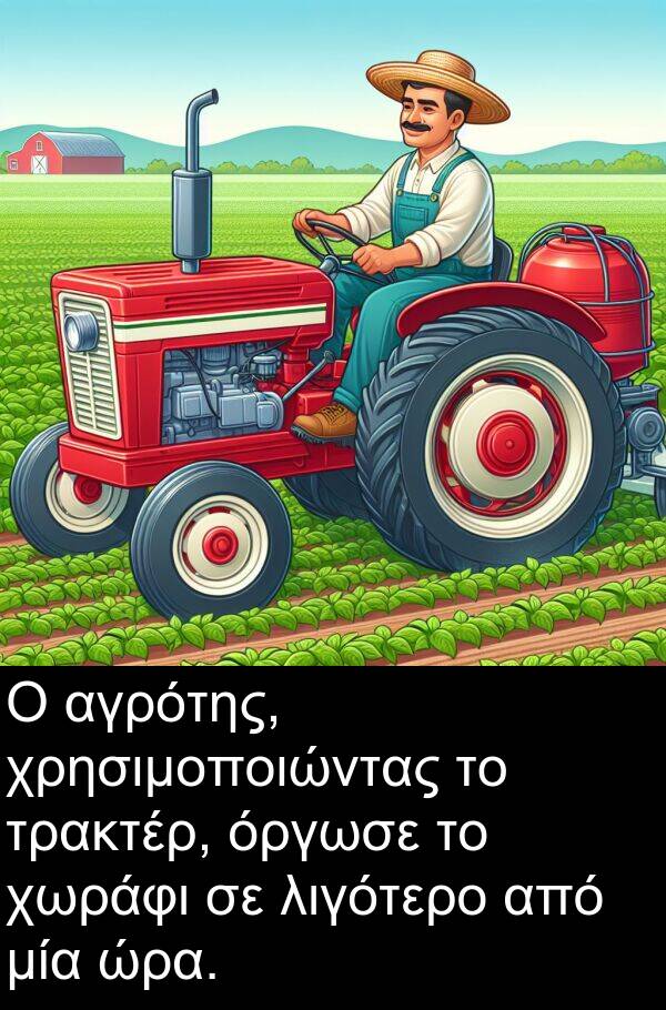 ώρα: Ο αγρότης, χρησιμοποιώντας το τρακτέρ, όργωσε το χωράφι σε λιγότερο από μία ώρα.