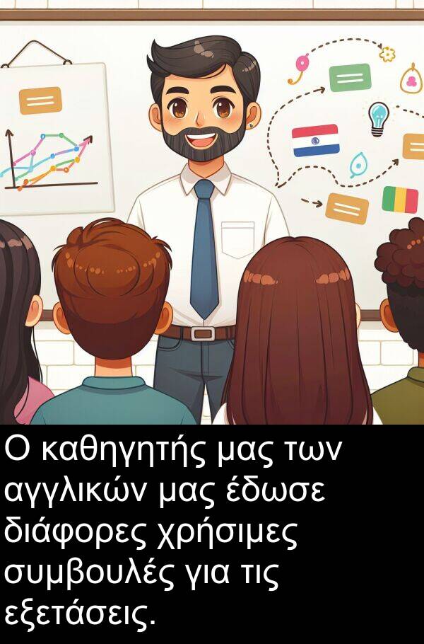 αγγλικών: Ο καθηγητής μας των αγγλικών μας έδωσε διάφορες χρήσιμες συμβουλές για τις εξετάσεις.