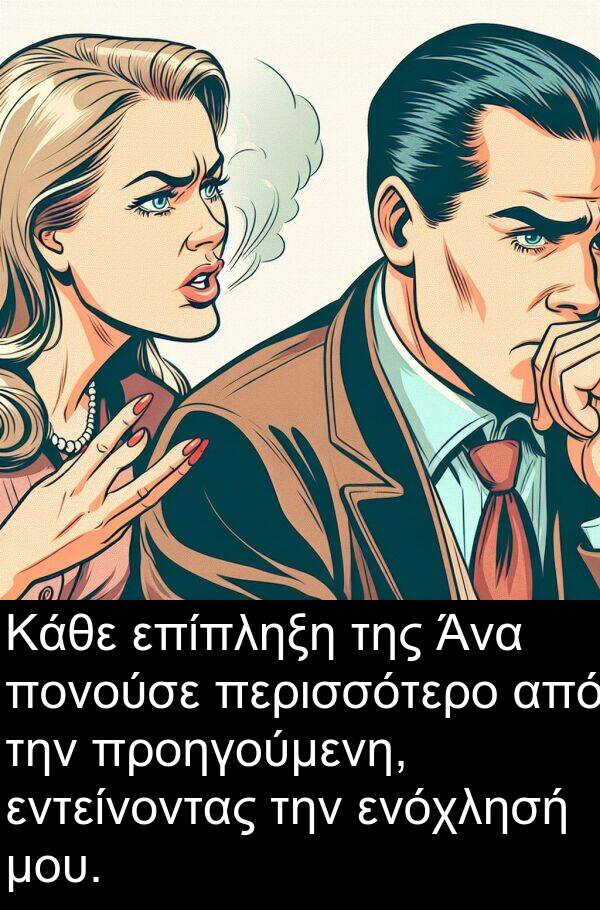 εντείνοντας: Κάθε επίπληξη της Άνα πονούσε περισσότερο από την προηγούμενη, εντείνοντας την ενόχλησή μου.