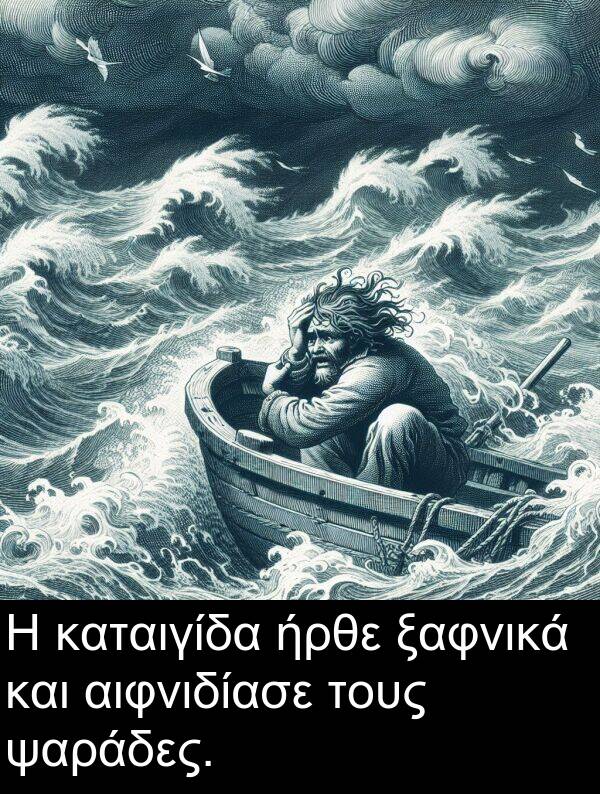 ξαφνικά: Η καταιγίδα ήρθε ξαφνικά και αιφνιδίασε τους ψαράδες.