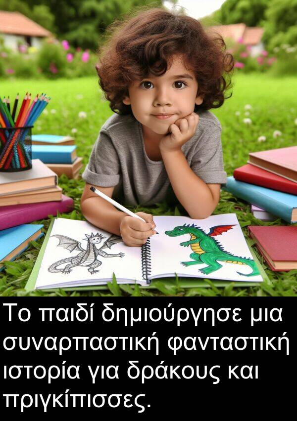 φανταστική: Το παιδί δημιούργησε μια συναρπαστική φανταστική ιστορία για δράκους και πριγκίπισσες.