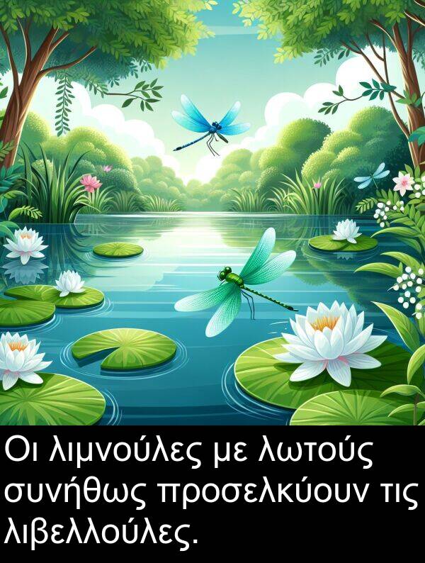 συνήθως: Οι λιμνούλες με λωτούς συνήθως προσελκύουν τις λιβελλούλες.