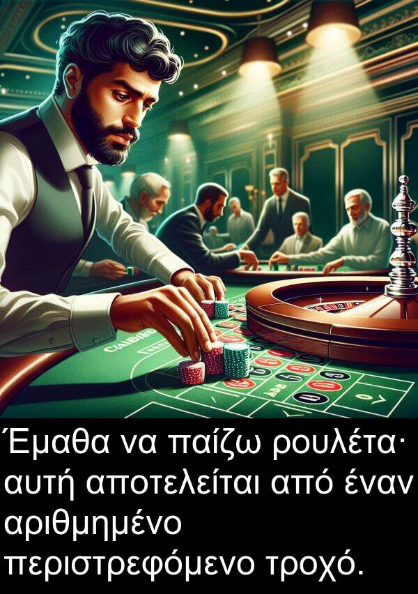 τροχό: Έμαθα να παίζω ρουλέτα· αυτή αποτελείται από έναν αριθμημένο περιστρεφόμενο τροχό.