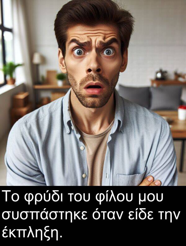 φίλου: Το φρύδι του φίλου μου συσπάστηκε όταν είδε την έκπληξη.