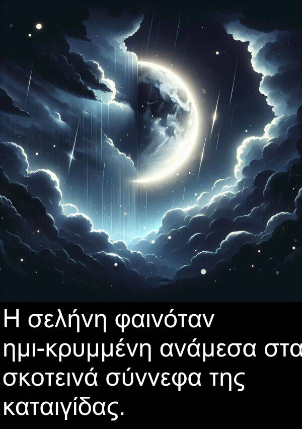 φαινόταν: Η σελήνη φαινόταν ημι-κρυμμένη ανάμεσα στα σκοτεινά σύννεφα της καταιγίδας.