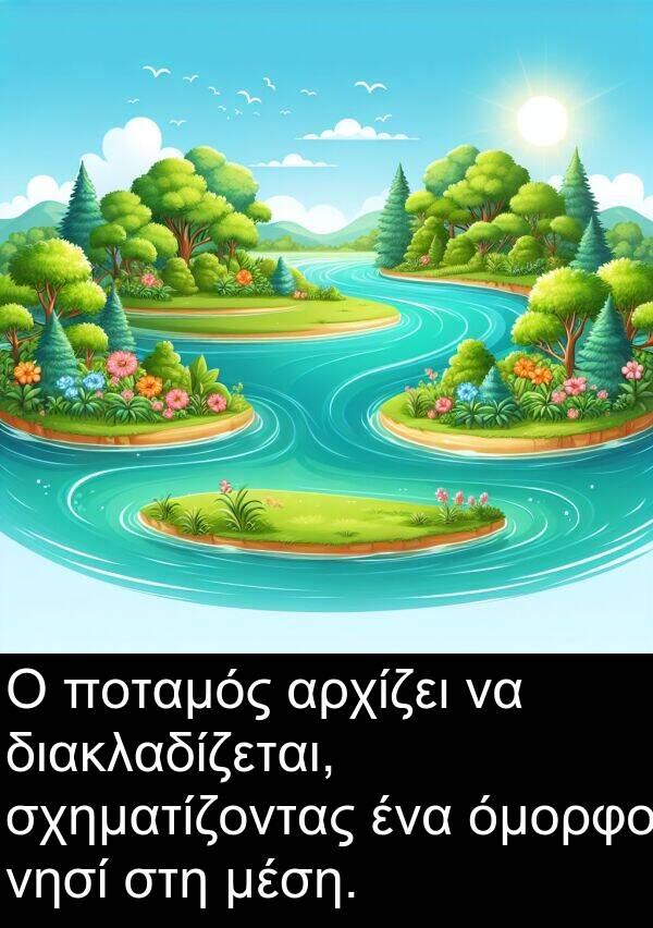 διακλαδίζεται: Ο ποταμός αρχίζει να διακλαδίζεται, σχηματίζοντας ένα όμορφο νησί στη μέση.