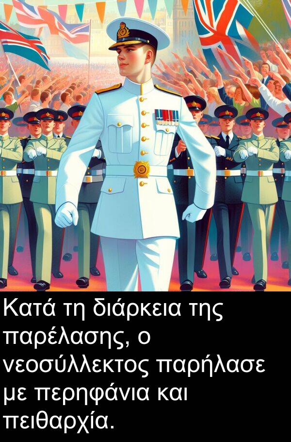 νεοσύλλεκτος: Κατά τη διάρκεια της παρέλασης, ο νεοσύλλεκτος παρήλασε με περηφάνια και πειθαρχία.