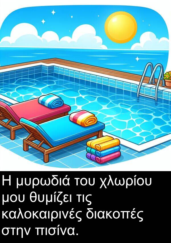 μυρωδιά: Η μυρωδιά του χλωρίου μου θυμίζει τις καλοκαιρινές διακοπές στην πισίνα.