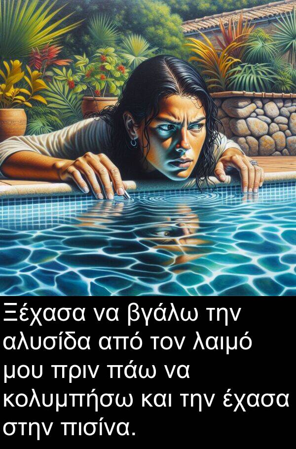 πάω: Ξέχασα να βγάλω την αλυσίδα από τον λαιμό μου πριν πάω να κολυμπήσω και την έχασα στην πισίνα.
