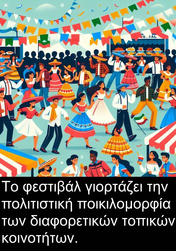 φεστιβάλ: Το φεστιβάλ γιορτάζει την πολιτιστική ποικιλομορφία των διαφορετικών τοπικών κοινοτήτων.