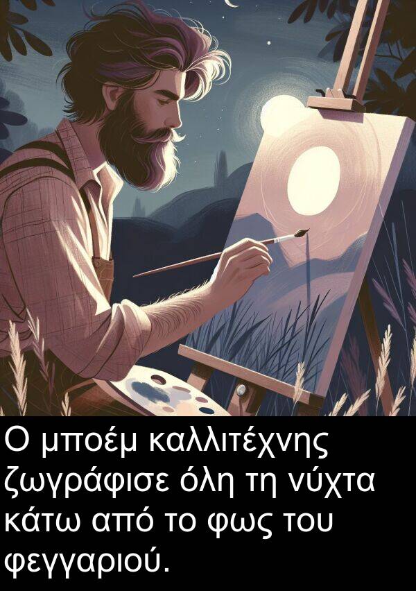 φεγγαριού: Ο μποέμ καλλιτέχνης ζωγράφισε όλη τη νύχτα κάτω από το φως του φεγγαριού.