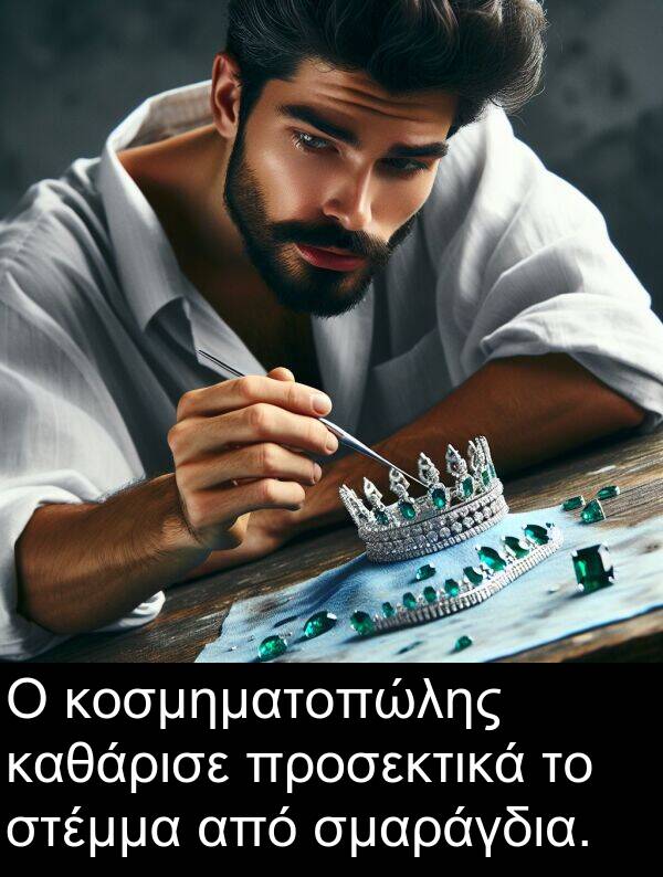 καθάρισε: Ο κοσμηματοπώλης καθάρισε προσεκτικά το στέμμα από σμαράγδια.