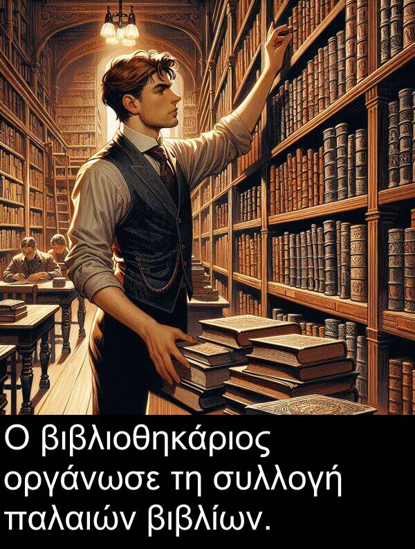 παλαιών: Ο βιβλιοθηκάριος οργάνωσε τη συλλογή παλαιών βιβλίων.