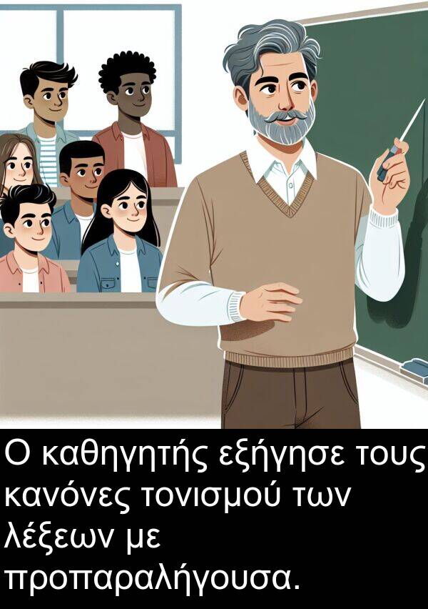 εξήγησε: Ο καθηγητής εξήγησε τους κανόνες τονισμού των λέξεων με προπαραλήγουσα.