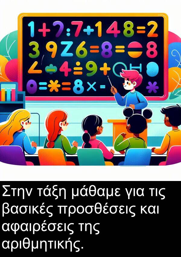 τάξη: Στην τάξη μάθαμε για τις βασικές προσθέσεις και αφαιρέσεις της αριθμητικής.