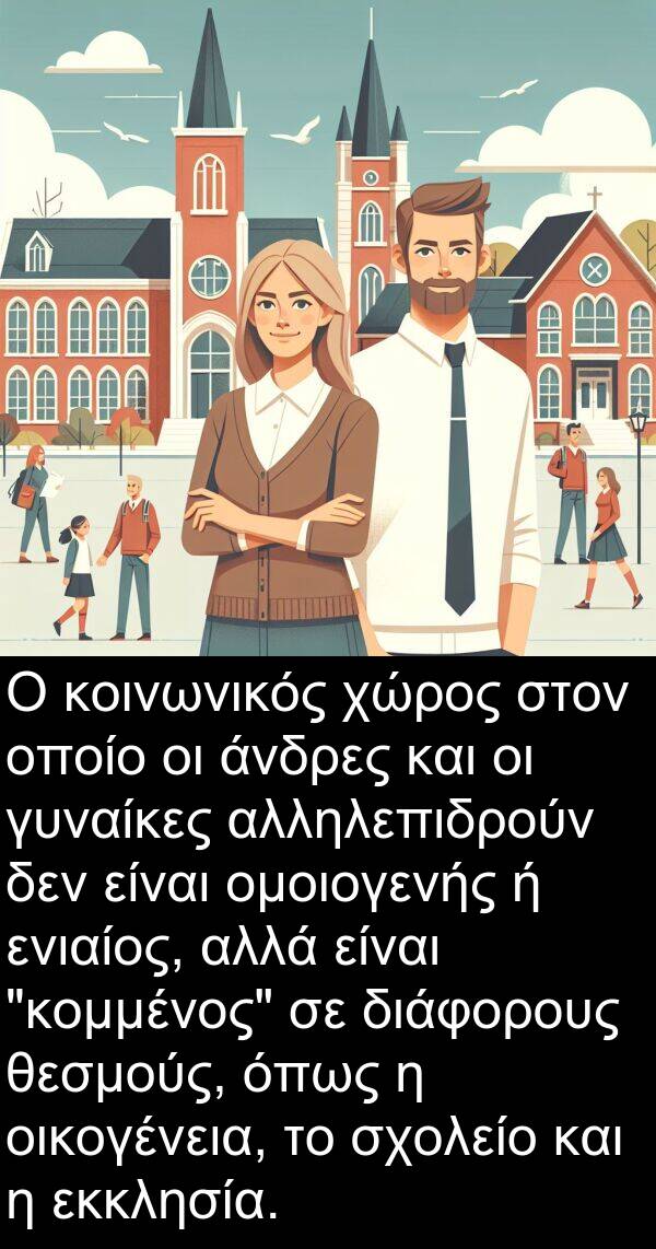 ενιαίος: Ο κοινωνικός χώρος στον οποίο οι άνδρες και οι γυναίκες αλληλεπιδρούν δεν είναι ομοιογενής ή ενιαίος, αλλά είναι "κομμένος" σε διάφορους θεσμούς, όπως η οικογένεια, το σχολείο και η εκκλησία.