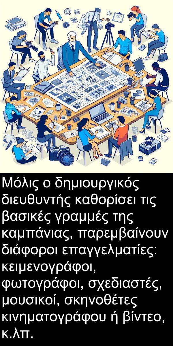 καθορίσει: Μόλις ο δημιουργικός διευθυντής καθορίσει τις βασικές γραμμές της καμπάνιας, παρεμβαίνουν διάφοροι επαγγελματίες: κειμενογράφοι, φωτογράφοι, σχεδιαστές, μουσικοί, σκηνοθέτες κινηματογράφου ή βίντεο, κ.λπ.