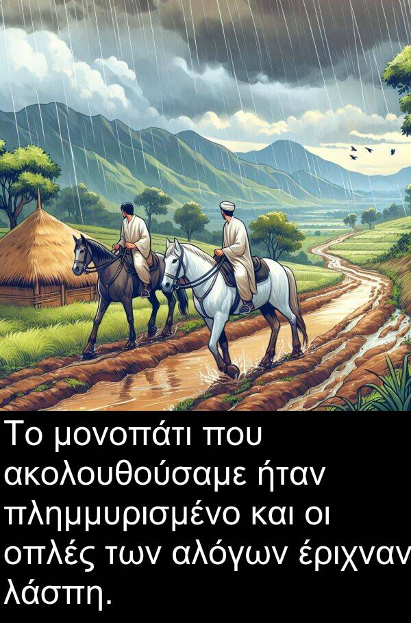 μονοπάτι: Το μονοπάτι που ακολουθούσαμε ήταν πλημμυρισμένο και οι οπλές των αλόγων έριχναν λάσπη.