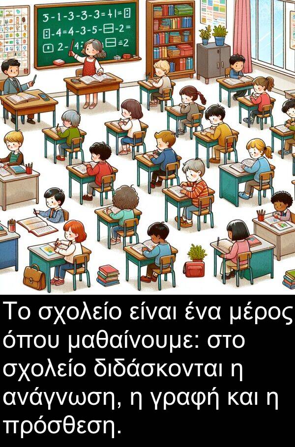μαθαίνουμε: Το σχολείο είναι ένα μέρος όπου μαθαίνουμε: στο σχολείο διδάσκονται η ανάγνωση, η γραφή και η πρόσθεση.