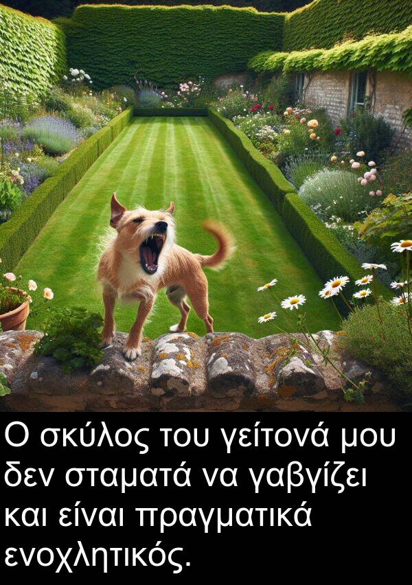 ενοχλητικός: Ο σκύλος του γείτονά μου δεν σταματά να γαβγίζει και είναι πραγματικά ενοχλητικός.