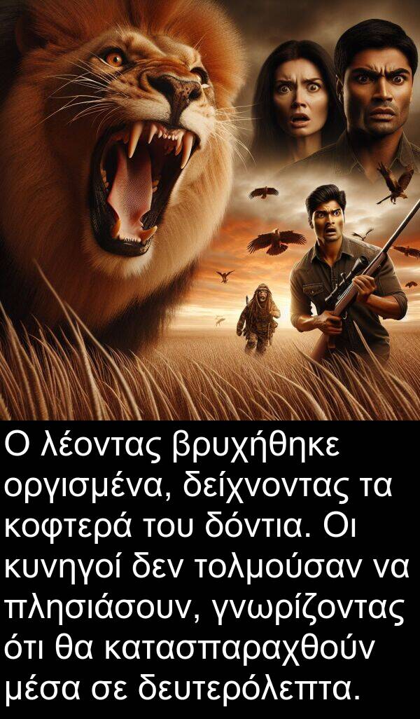 δείχνοντας: Ο λέοντας βρυχήθηκε οργισμένα, δείχνοντας τα κοφτερά του δόντια. Οι κυνηγοί δεν τολμούσαν να πλησιάσουν, γνωρίζοντας ότι θα κατασπαραχθούν μέσα σε δευτερόλεπτα.