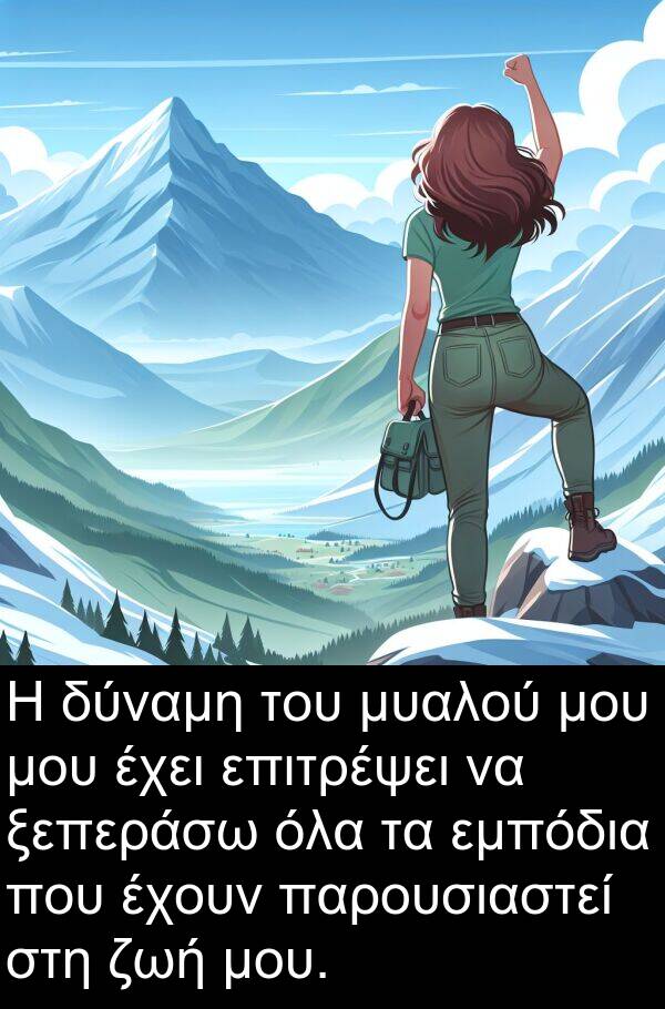 επιτρέψει: Η δύναμη του μυαλού μου μου έχει επιτρέψει να ξεπεράσω όλα τα εμπόδια που έχουν παρουσιαστεί στη ζωή μου.
