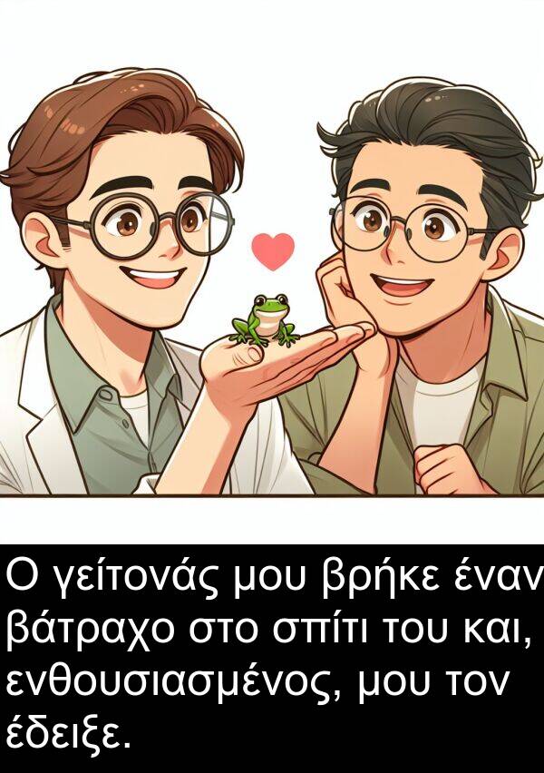 ενθουσιασμένος: Ο γείτονάς μου βρήκε έναν βάτραχο στο σπίτι του και, ενθουσιασμένος, μου τον έδειξε.